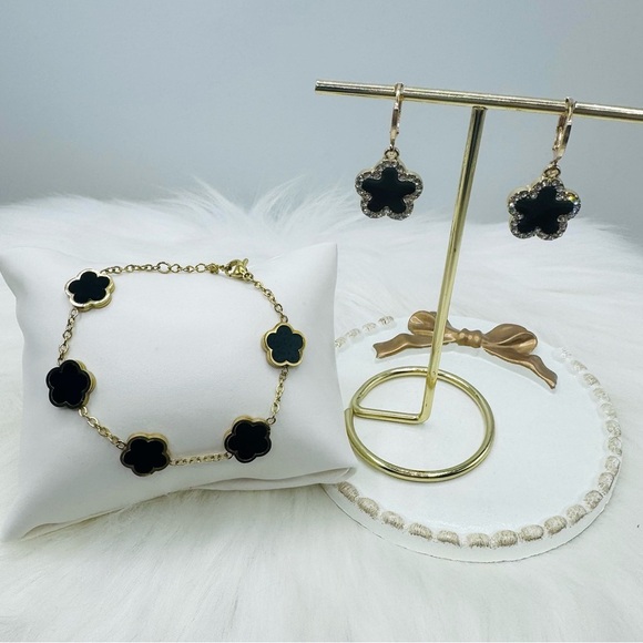 Camille Flower Black Bracelet & Sparkle Floral Rhinestones Dangle Earrings - Picture 4 of 5